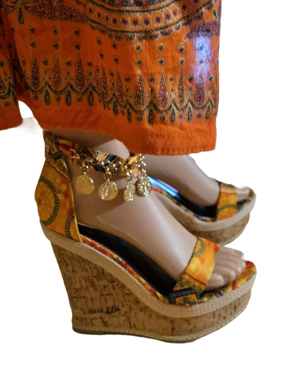 Echo Bohemian Resort Festival Coin Embellished Cork Wedge Sandals 8.5